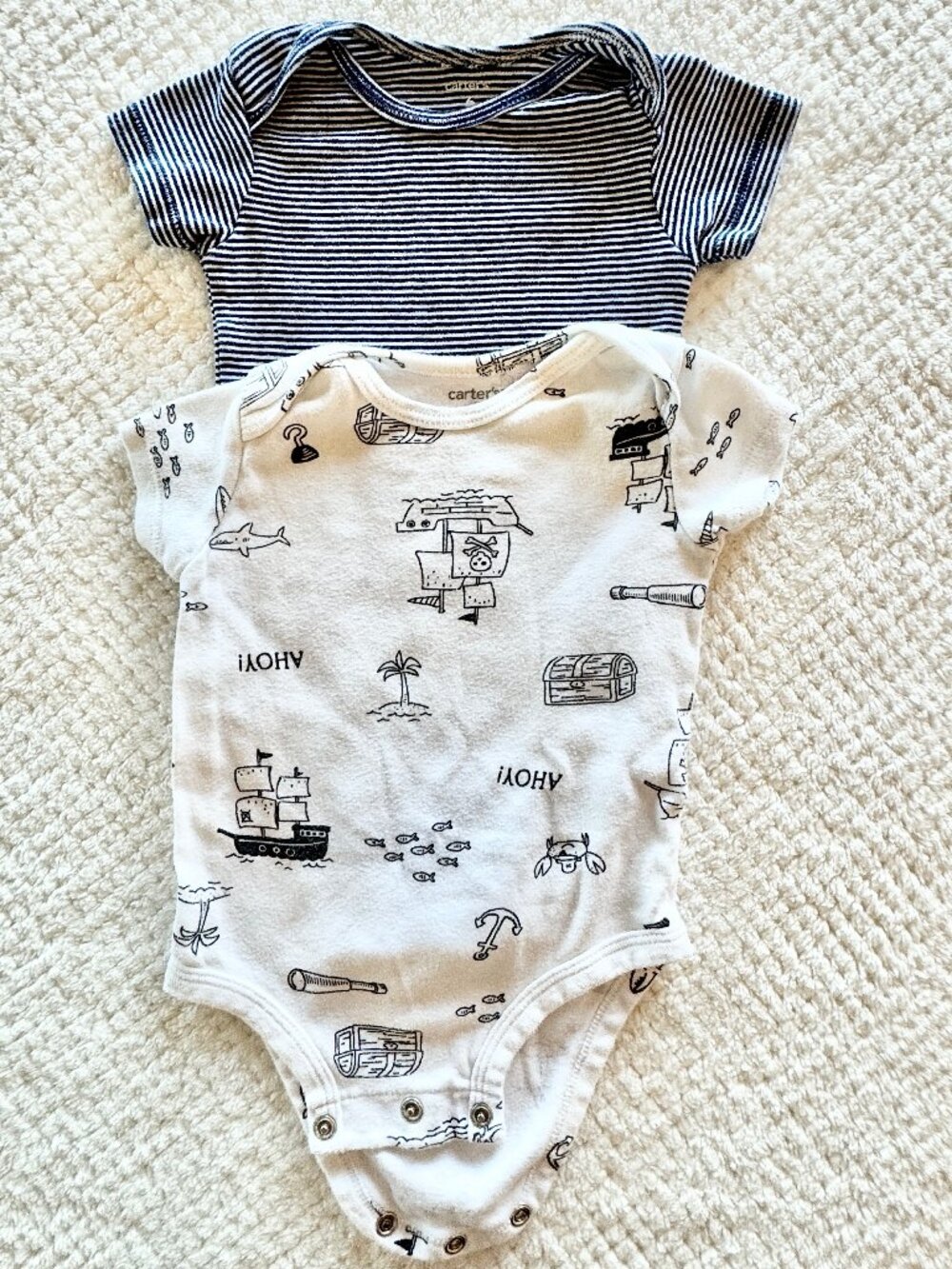 Carter's BODYSUITS 6 months Nautical White Pirate + Navy Stripes 100% Cotton